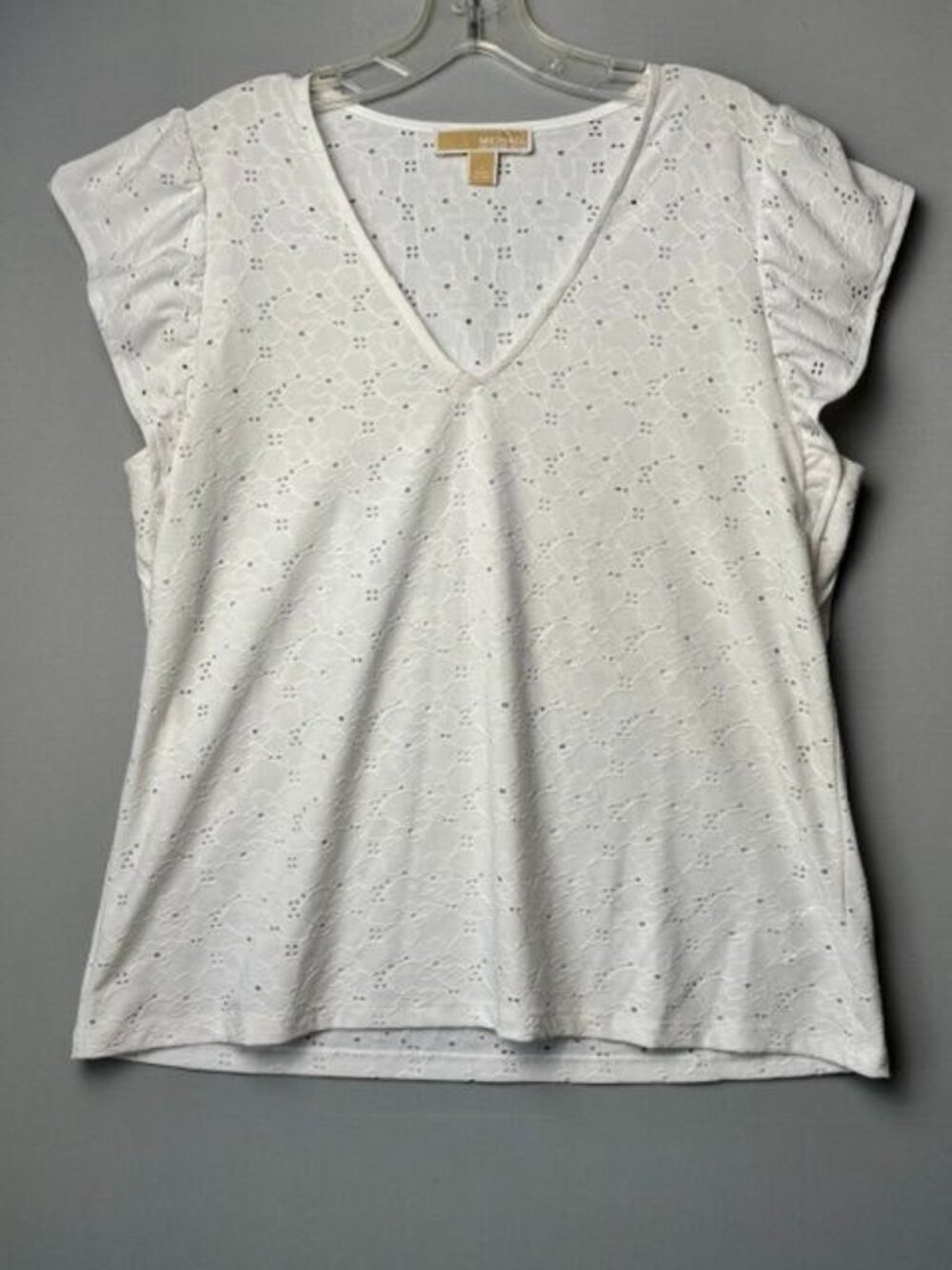 Michael Kors Women's L White Eyelet Floral Blouse V-Neck Ruffle Sleeve Top